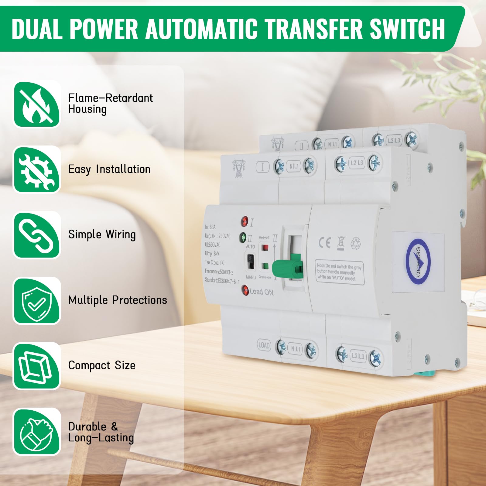 Automatischer Transferschalter ATS 4P 63A 400V Hutschiene Dual Power Umschalter Dreiphasen
