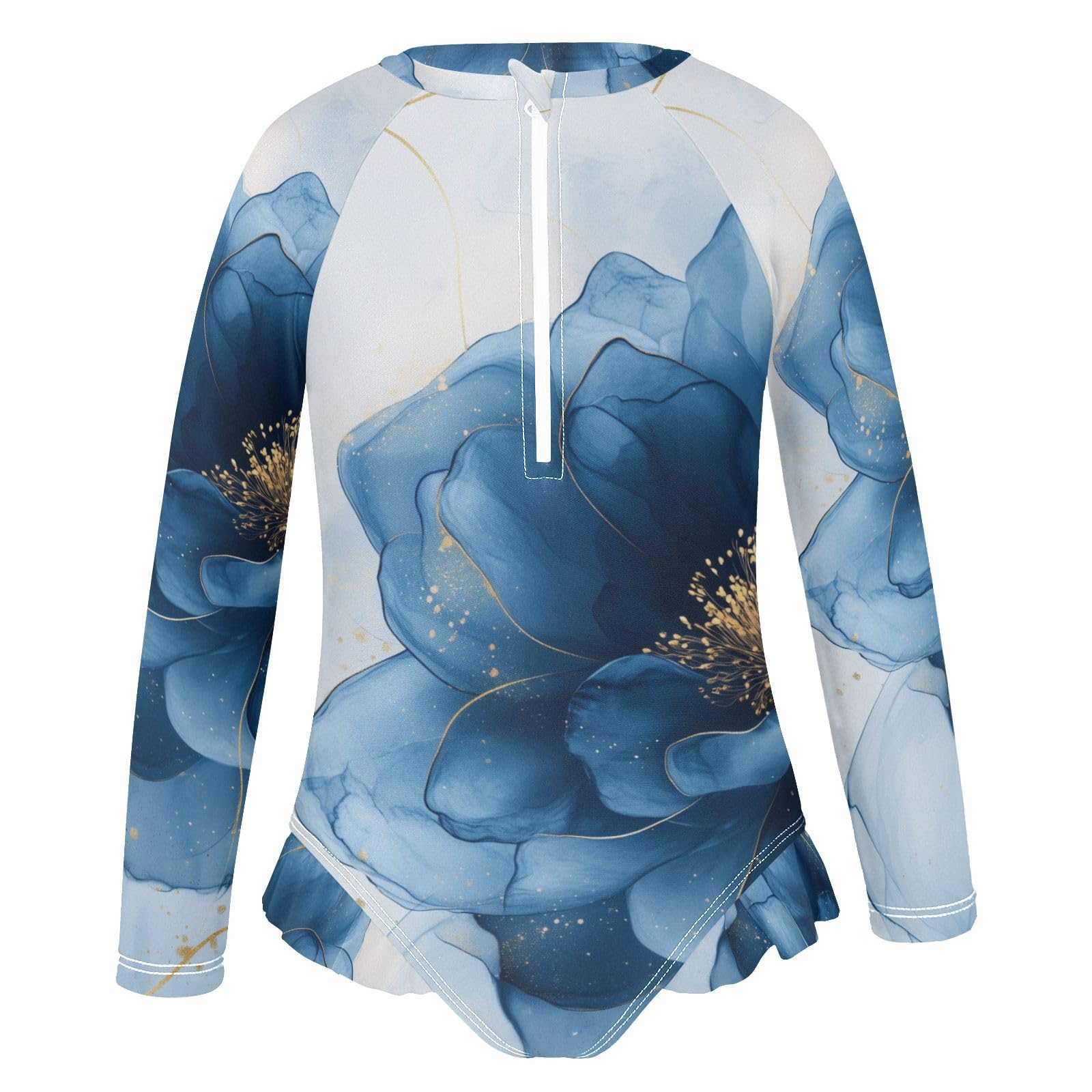 ALAZA Swimsuit for Girls Long Sleeve Rashguard Bathing Suit Blue Watercolor Lotus Quick Dry 4T