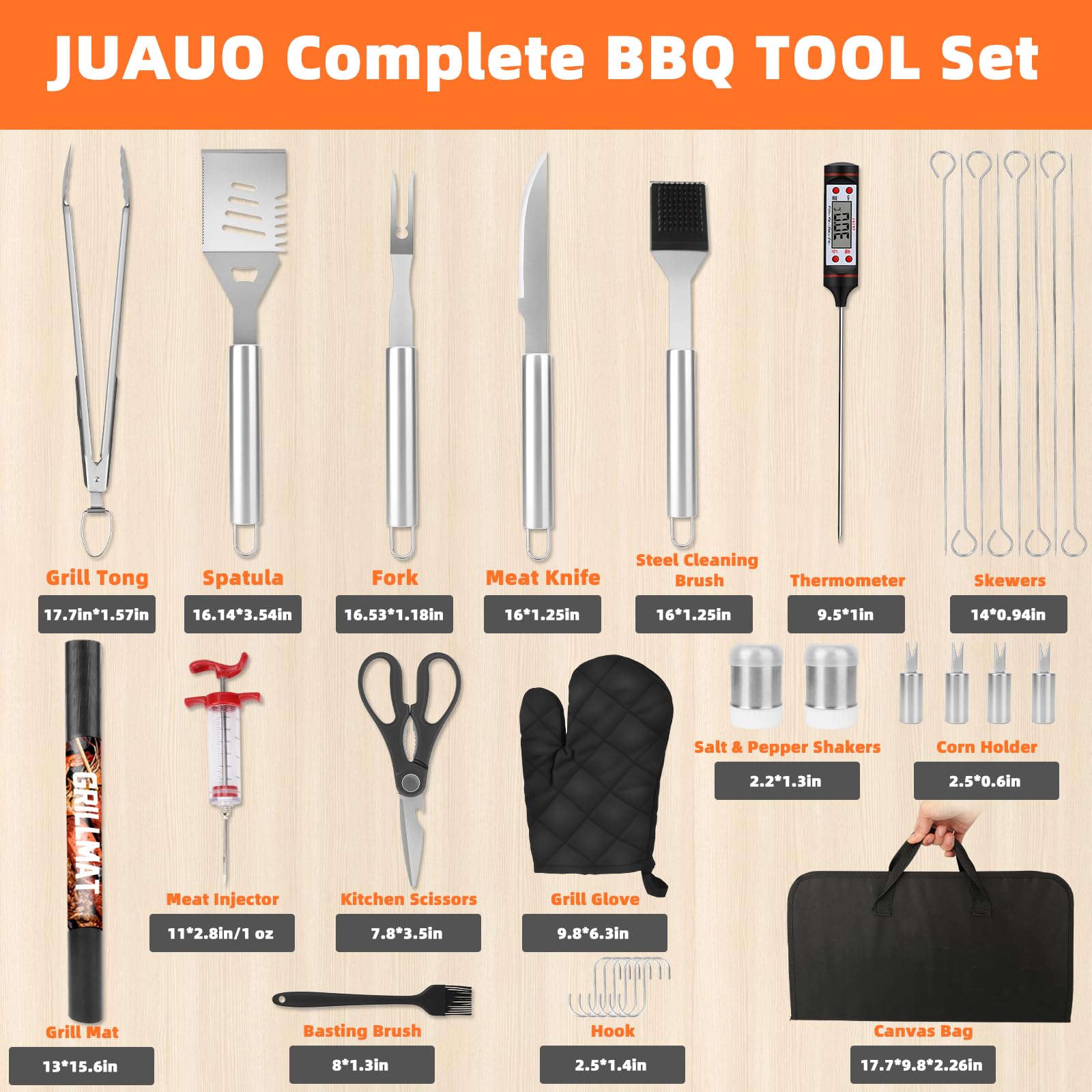 Accessori per barbecue da barbecue, 32 pezzi, regalo per uomini per compleanno o festa del papà, set di posate in acciaio inox per barbecue da esterno con tasca, termometro e iniettore per carne