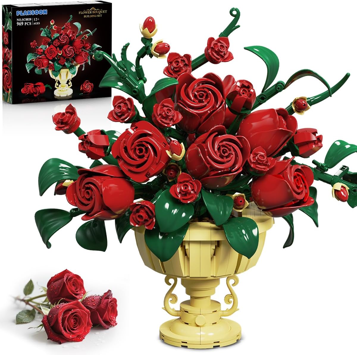Fully assembled PLAXSOON Rose Flower Building Set with its decorative pot.