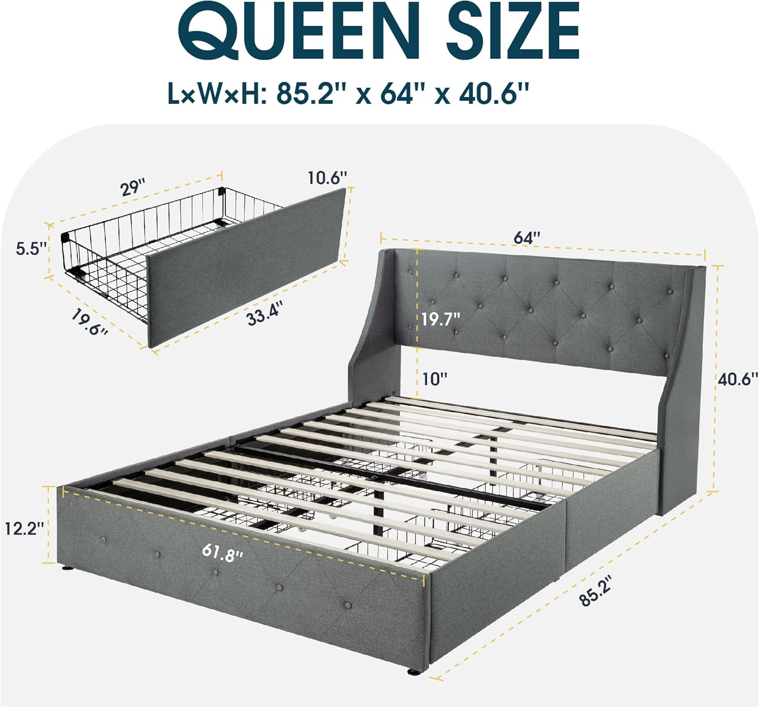 WEEWAY Upholstered Queen Size Bed Frame with 4 Storage Drawers and Wingback Headboard, Button Tufted Design, No Box Spring Needed, Easy Assembly, Light Grey
