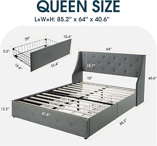 Miniatura 7 de WEEWAY Base de cama tapizada tamaño Queen con 4 cajones de almacenamiento y cabecera con respaldo de ala, diseño capitoné, no necesita somier, fácil