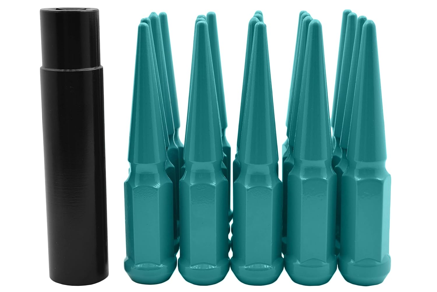 20 Pc Turquoise Blue Spike Lug Nuts Powder Coated | Steel | 4.5" Tall | M14x1.5 Thread Pitch + 1 Key Compatible with Jeep 2018-2020 JL Sahara 2020 Gladiator Aftermarket Wheels