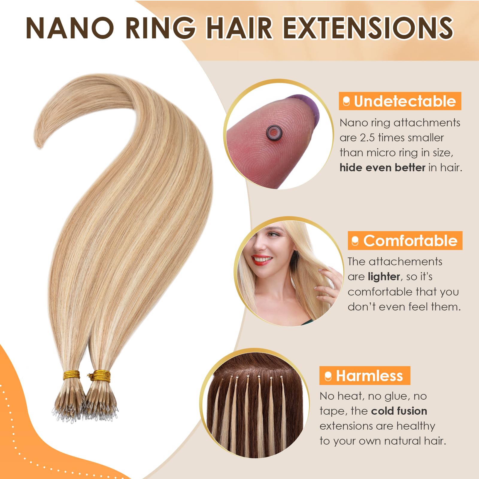 Elailite Nano Beads Hair Extension Real Human Hair With Nano Ring 50 Strands Cold Fusion Straight (#18/613 Ash Blonde Mix Bleach Blonde - Image 2
