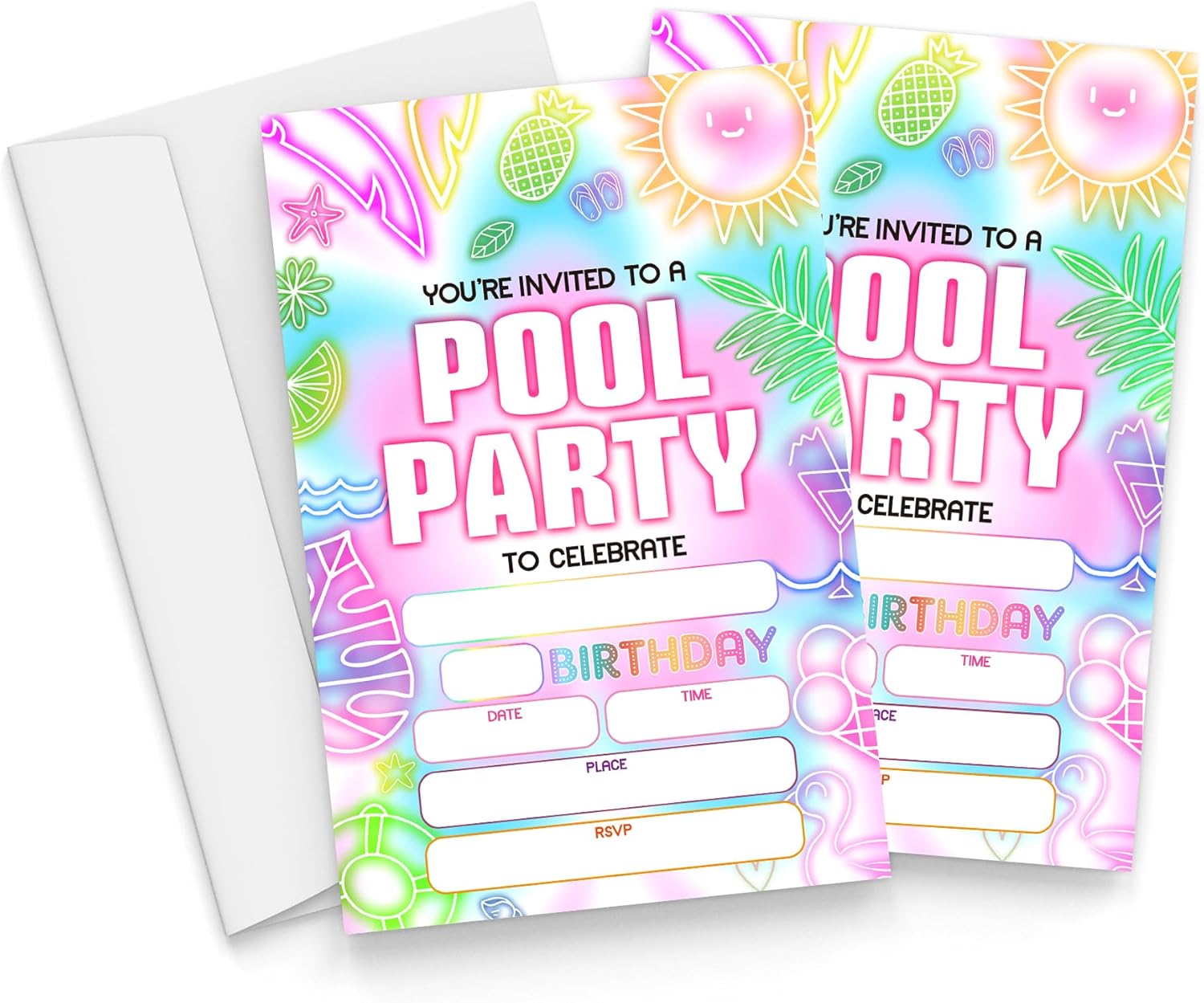 Qiwog Glow Neon Pool Birthday Invitations with Envelopes