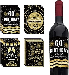 60th Birthday Stickers for Wine Glass Bottles Cheers to 60 Years Birthday Party Supplies for Adult Men Women Black and Gold Wine Water Bottle Labels Sticker for Sixty Years Stickers 12psc