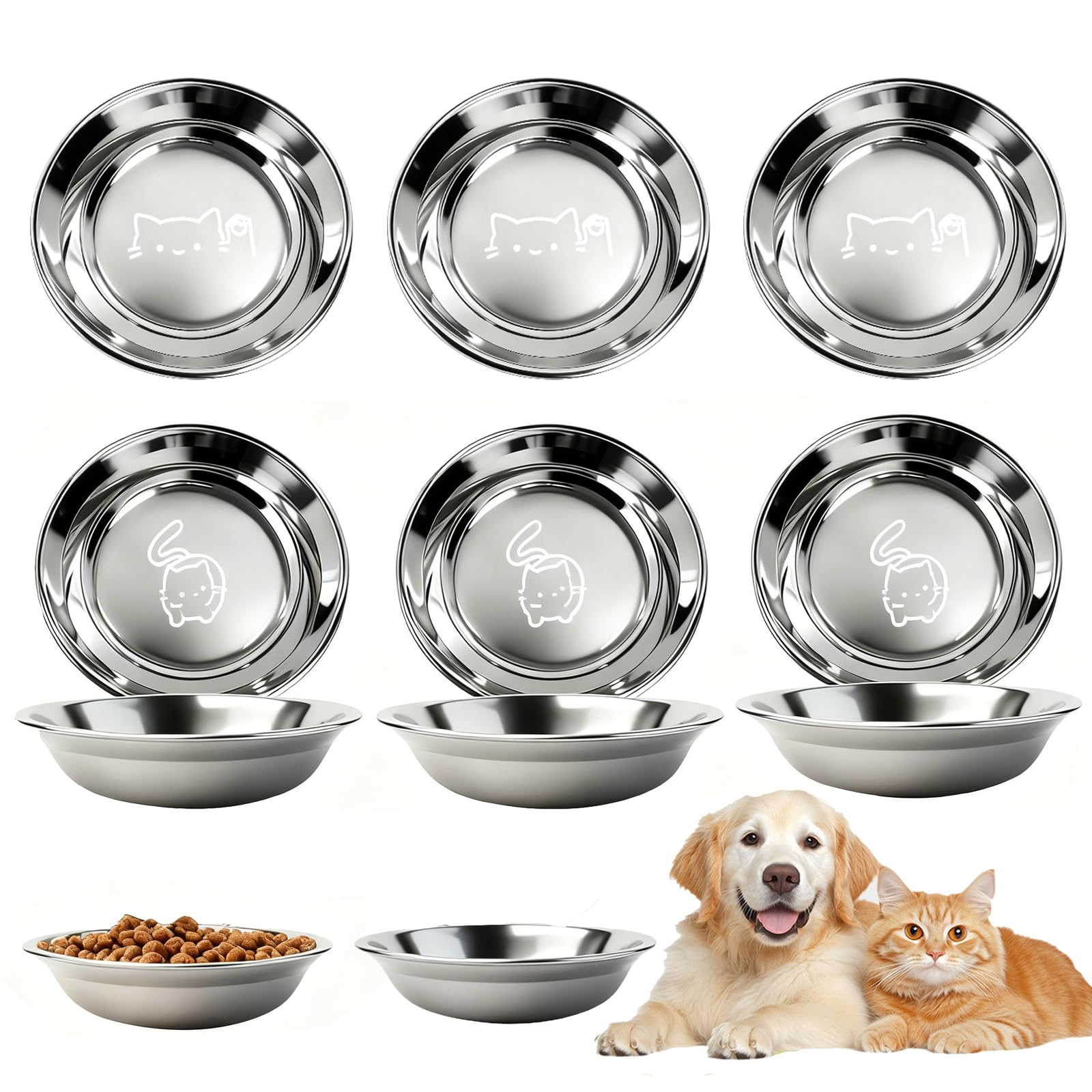 6 Stück Katzennapf,Zwei Muster Fressnapf Katze,Katzenschüssel,Katzennäpfe Edelstahl,Futternapf Katze,Futterschüssel Katzen für Kat-Zen Und Kleine Hunde 16cm