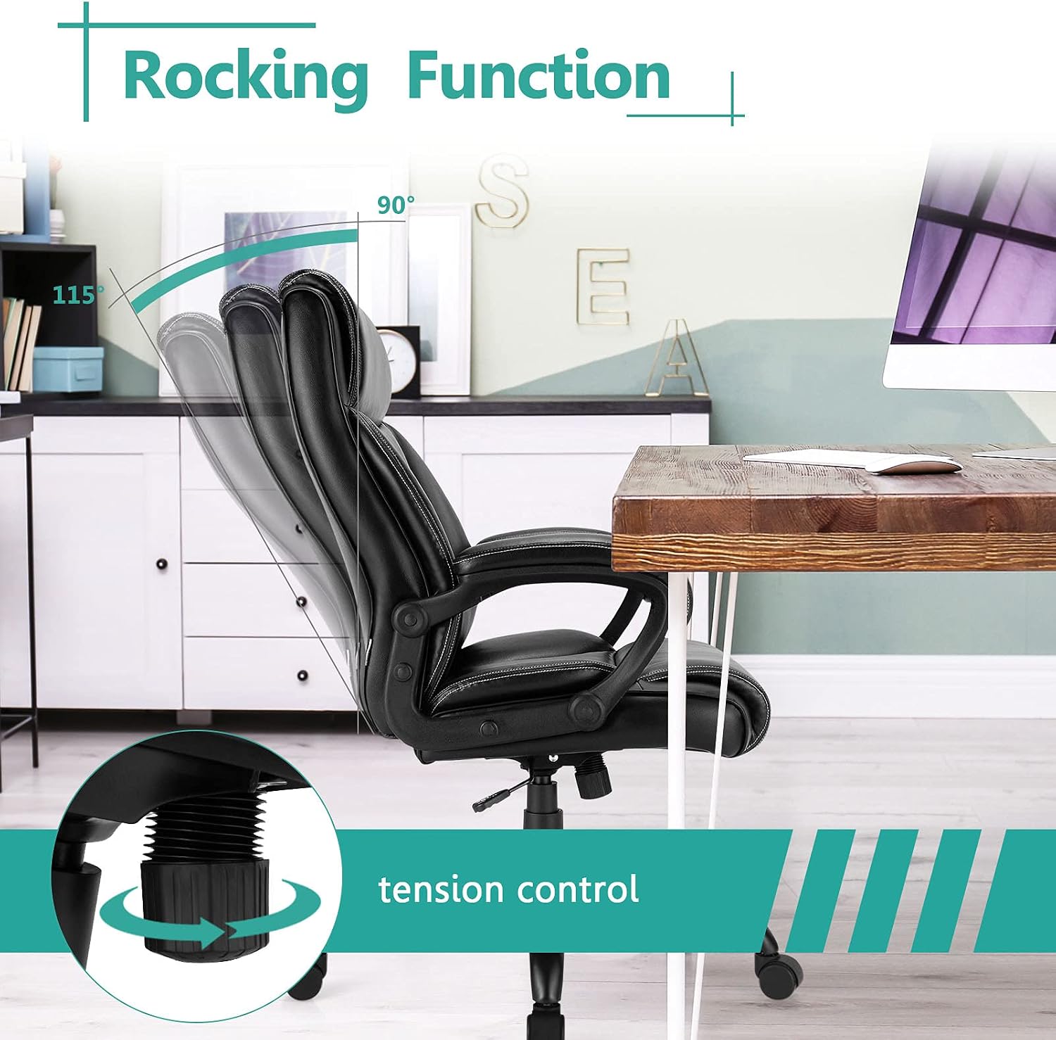 POWERSTONE Big & Tall Executive Office Chair High-Back Computer Desk Chair Leather Adjustable Swivel Chair with Armrest and Lumbar Support (27.5"x 27.5"x (43.5''- 46.5") 400lbs)