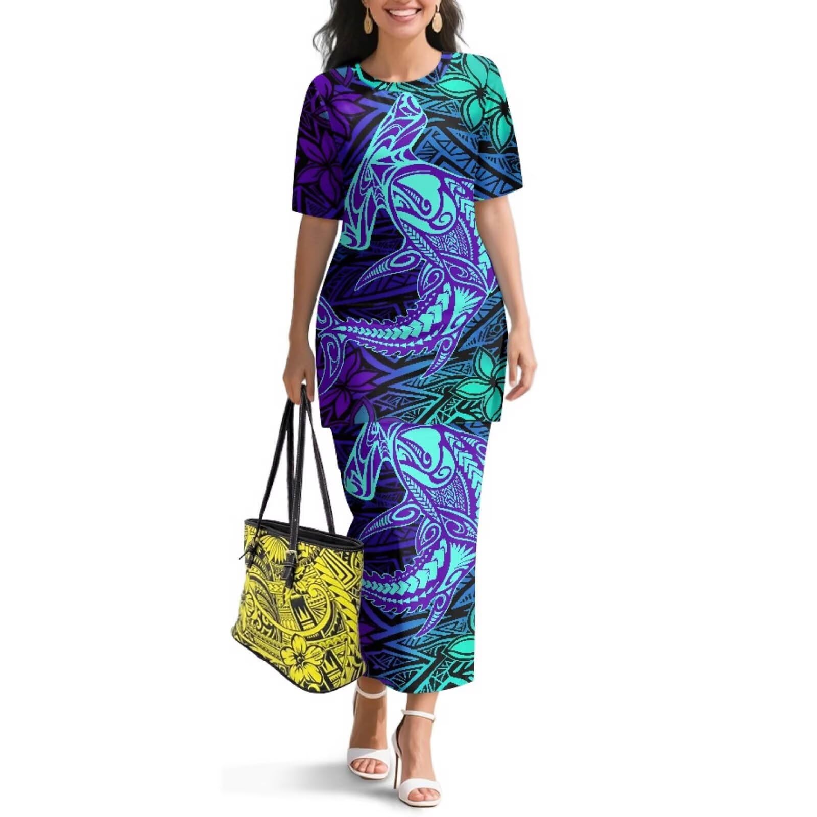 Polynesian Dress for Women Short Sleeve High Waist Maxi Skirt