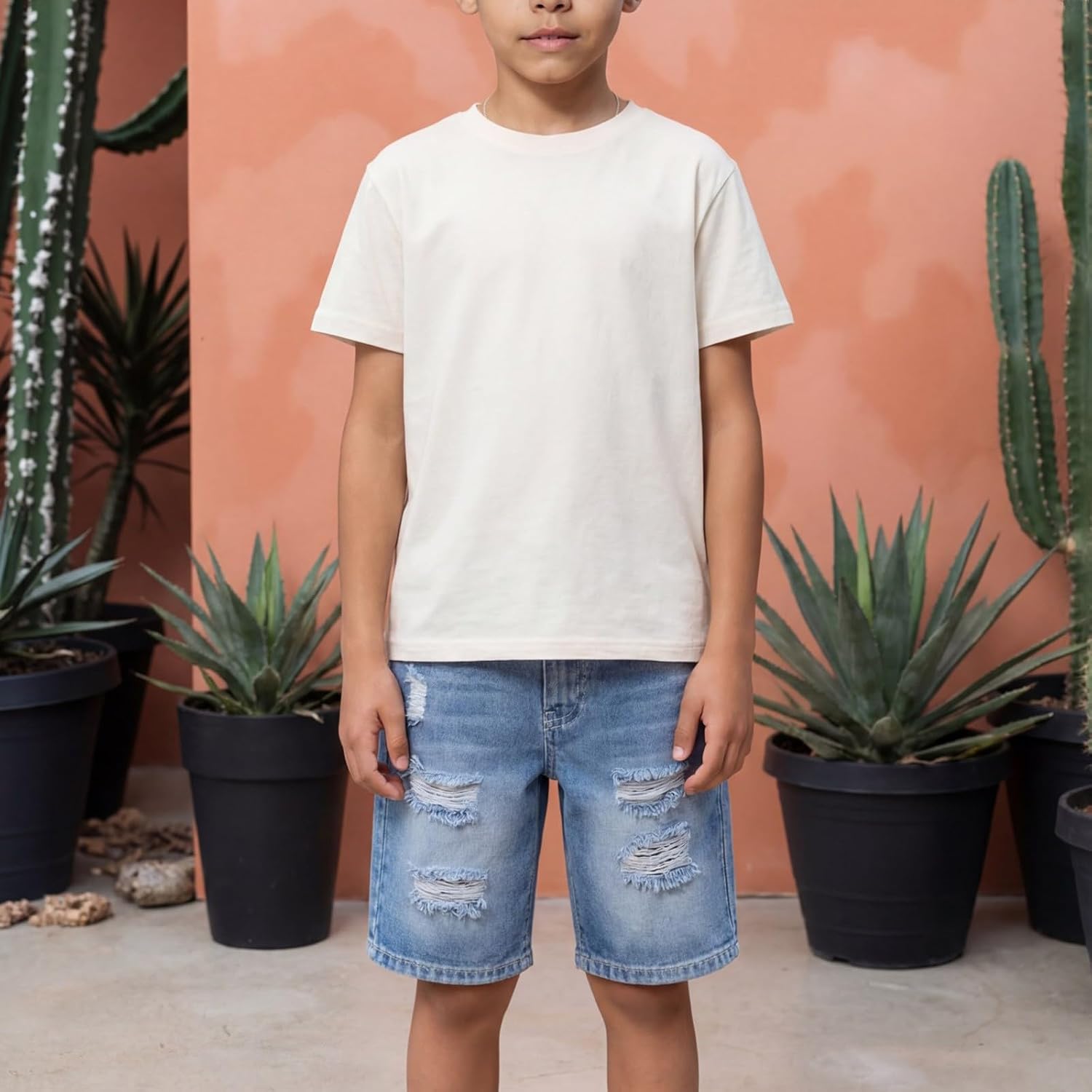 Boys Denim Shorts Casual Mid Elastic Waist Baggy Jeans Shorts Y2K Classic Straight Leg Loose Jorts Ripped Jeans Bermuda Pants