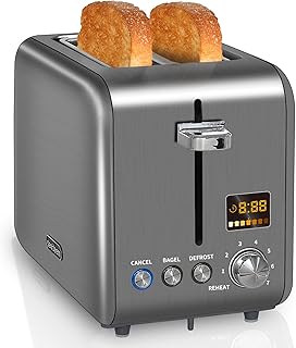 SEEDEEM 2 Slice Toaster, Stainless Steel Bread Toaster with LCD Display, 7 Shade Settings, Extra Wide Slots Bagel Toaster, 4 Functions, Removable Crumb Tray, 950W, Dark Metallic