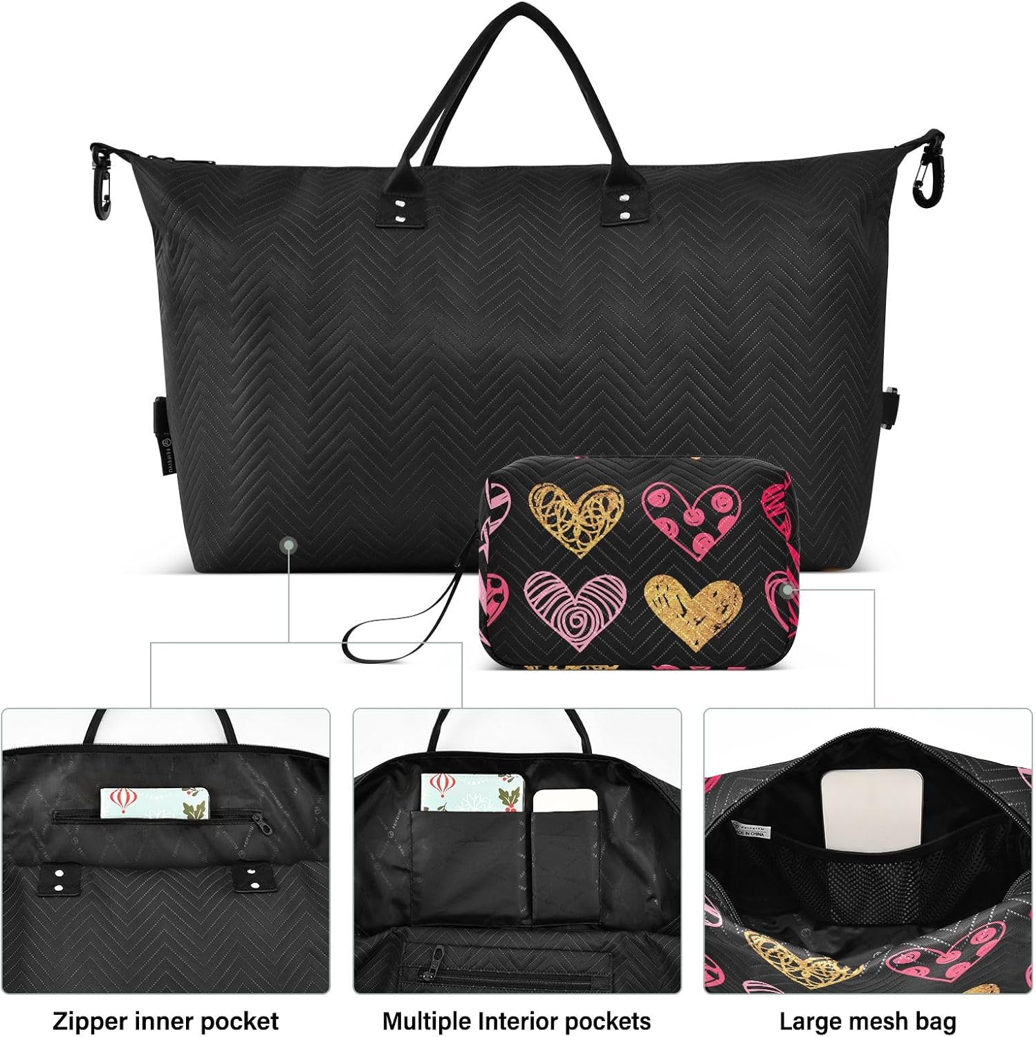 Peach Golden Heart Travel Bag Carry On Personal Item Bag Sports Duffel Bags with Adjustable Strap for Yoga Multifunctional