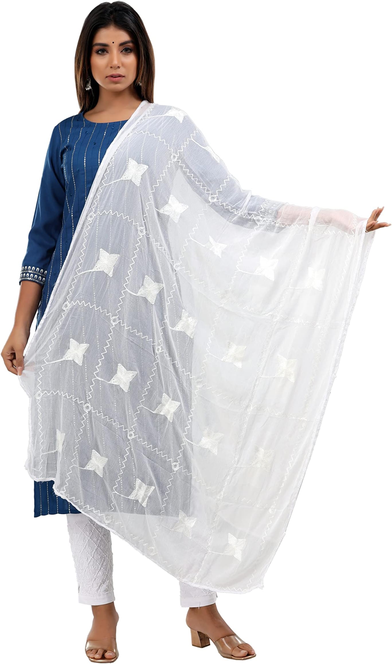 Lakhnavi Fabrics Chiffon Aari Work Lucknowi Embroidery White Dupatta For Women & Girl (2 meters)