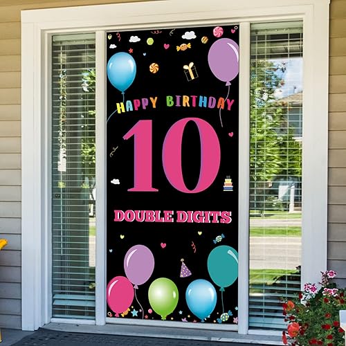 Decoraciones de cumpleaños número 10 para niñas y niños, pancarta de fondo de puerta de feliz cumpleaños de 10 años, cartel de fotos para exteriores