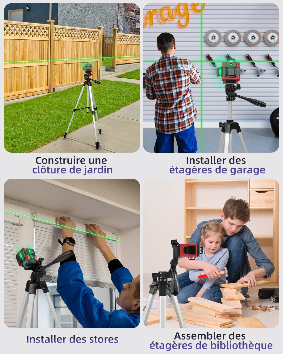Trépied en aluminium léger 137 cm pour niveau laser, équipé d'un niveau à bulle vert, d'une vis 1/4 de pouce et d'une rotule 3D pour le nivellement précis des lignes laser, Argent