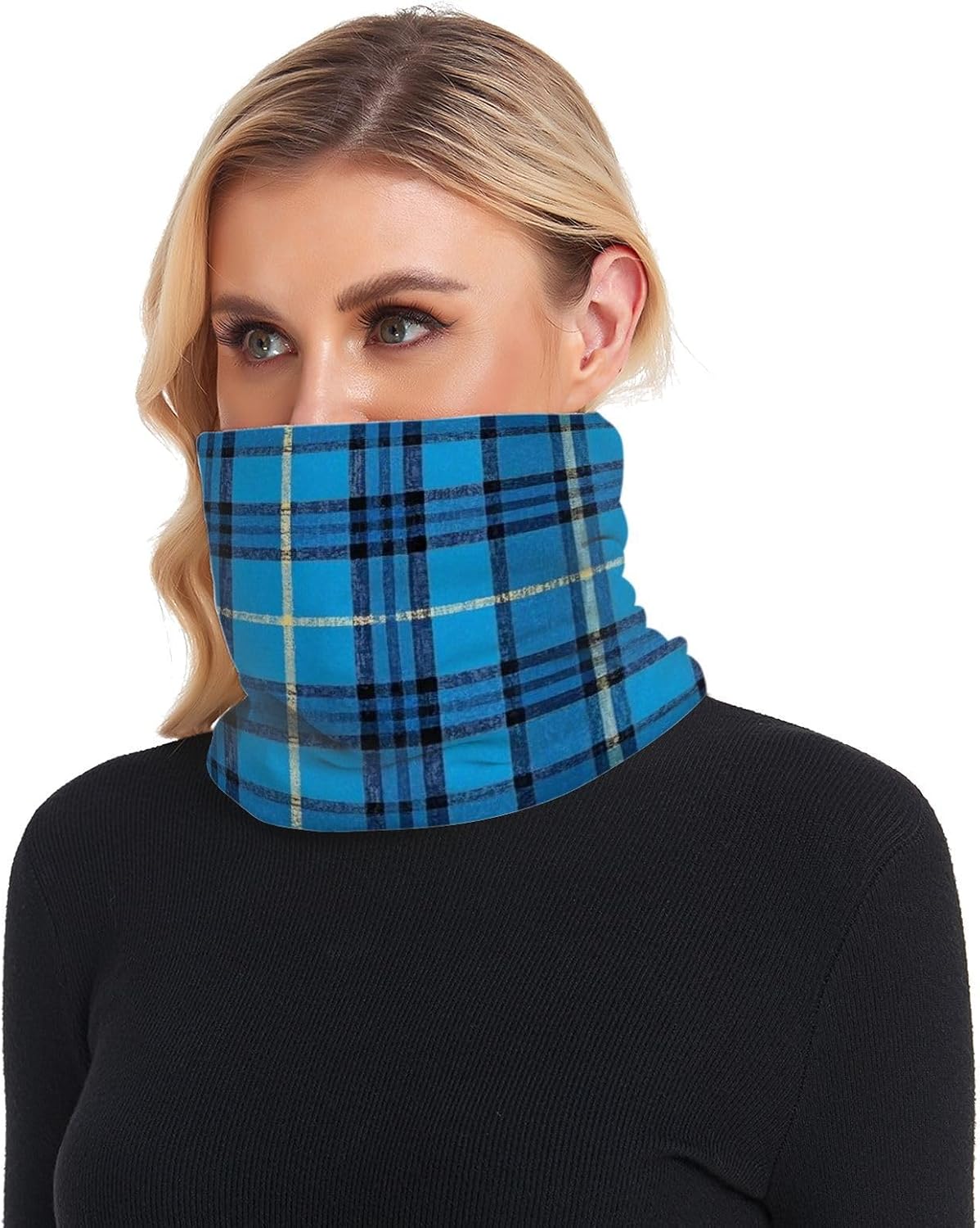 Vintage Buffalo Plaid Checked Blue Winter Fleece Neck Warmer Scarf for Cold Weather Running Gaiter Mask Thick Thermal Fleece Lined for Men & Women