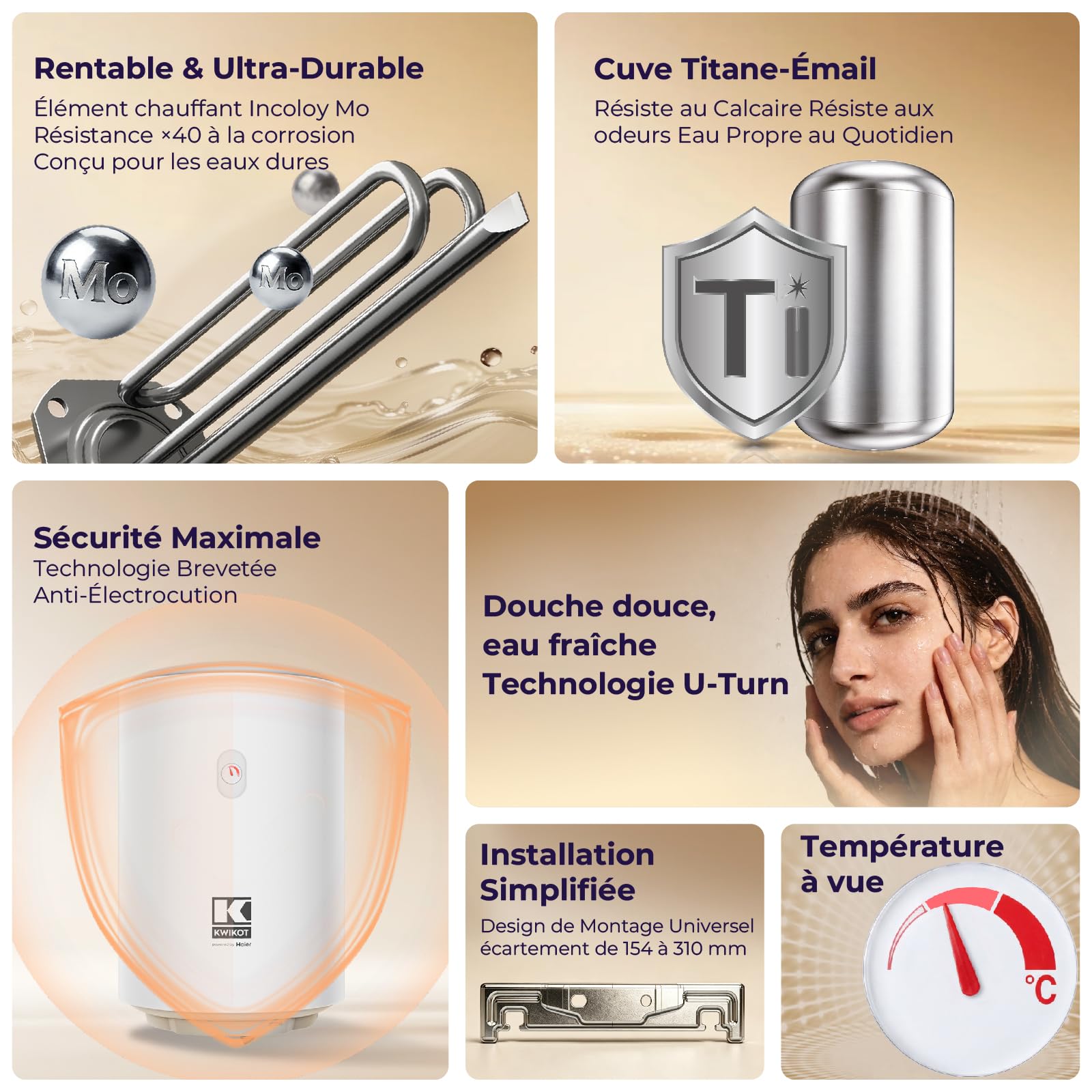 EasyTube Chauffe-eau Électrique 50 Litres Vertical Mural, Ballon Eau Chaude Cumulus à Accumulation 1500W, Résistant Eaux Dures et Calcaire 8 Bars, Gain de Place pour Salle de Bain Douche