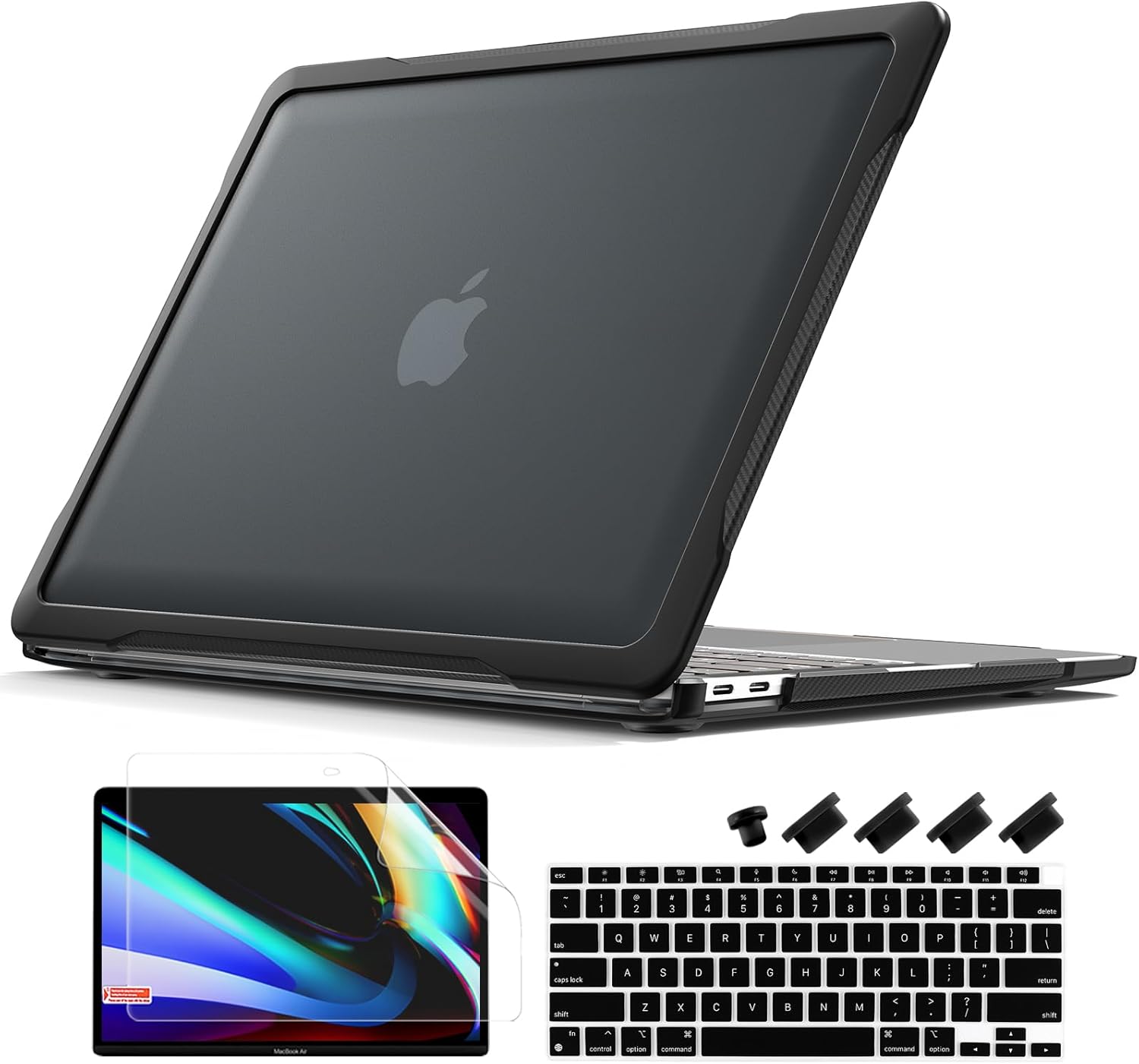 Batianda 4-in-1 Ultimate Case for MacBook Air 13 inch 2020 2019 Release Model A2337 M1 Chip A2179 A1932 - Matte Translucent Rugged Armor Shell with Carbon Fiber Texture Grip Shockproof Bumper - Black