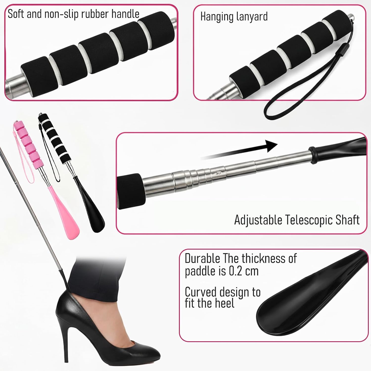 2Pcs Shoe Horn Long Handle for Seniors, Retractable Shoe Horn