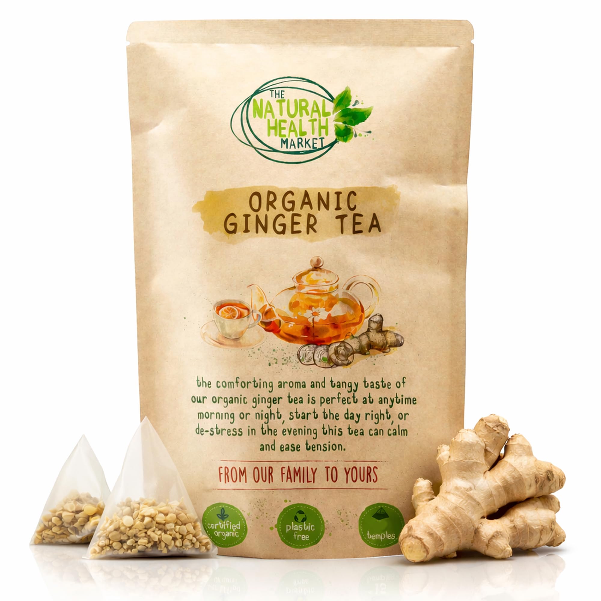Organic Ginger Tea Bags – Strong Pure Ginger Root Herbal Tea – Plastic-Free & Caffeine-Free – Soil Association Organic – 50 Compostable Tea Bags – The Natural Health Market