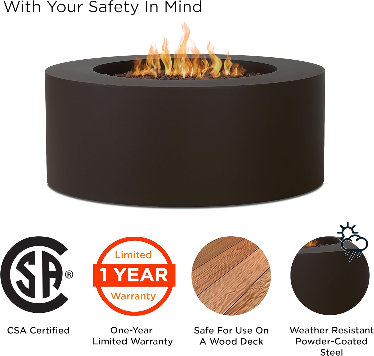 Real Flame Aegean 36" Round Propane or Natural Gas Fire Pit Table, 50,000 BTU, Powder-Coated Steel, Push-Button Ignition, Lava Rock, Storage Cover, Stainless Steel Burner with Lid - Dark Bronze