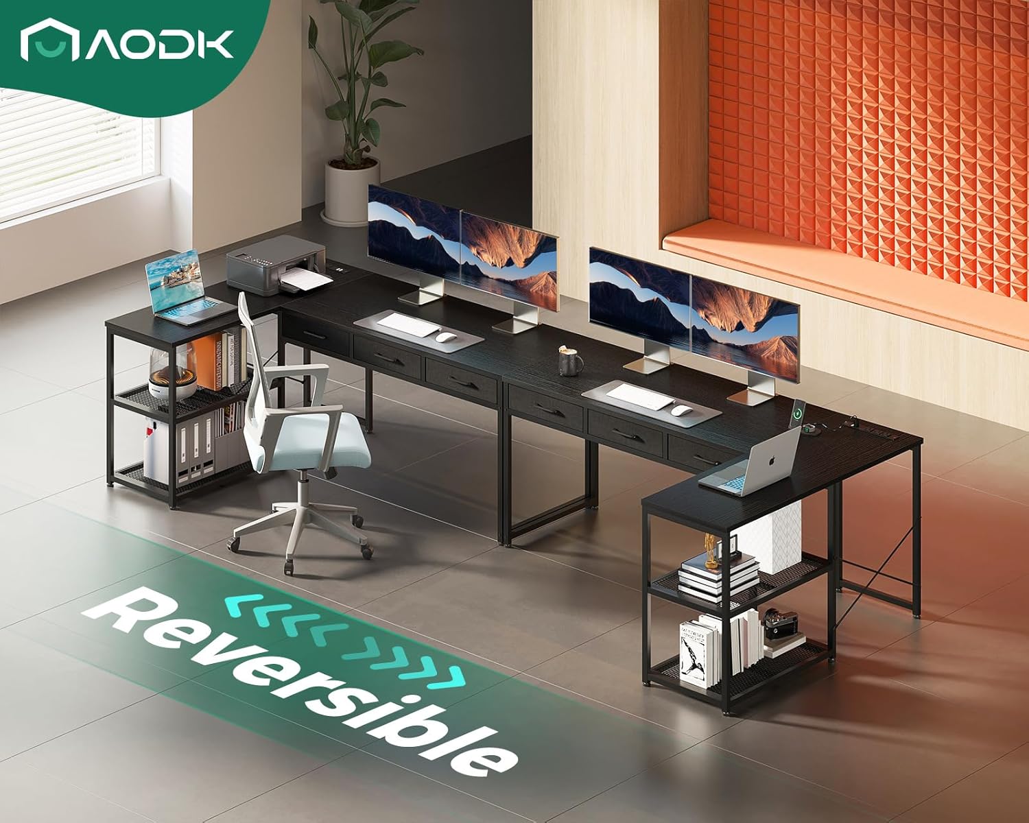 Diagram showing the reversible configuration options for the AODK L-shaped desk, with arrows indicating the ability to switch the side of the storage shelves.