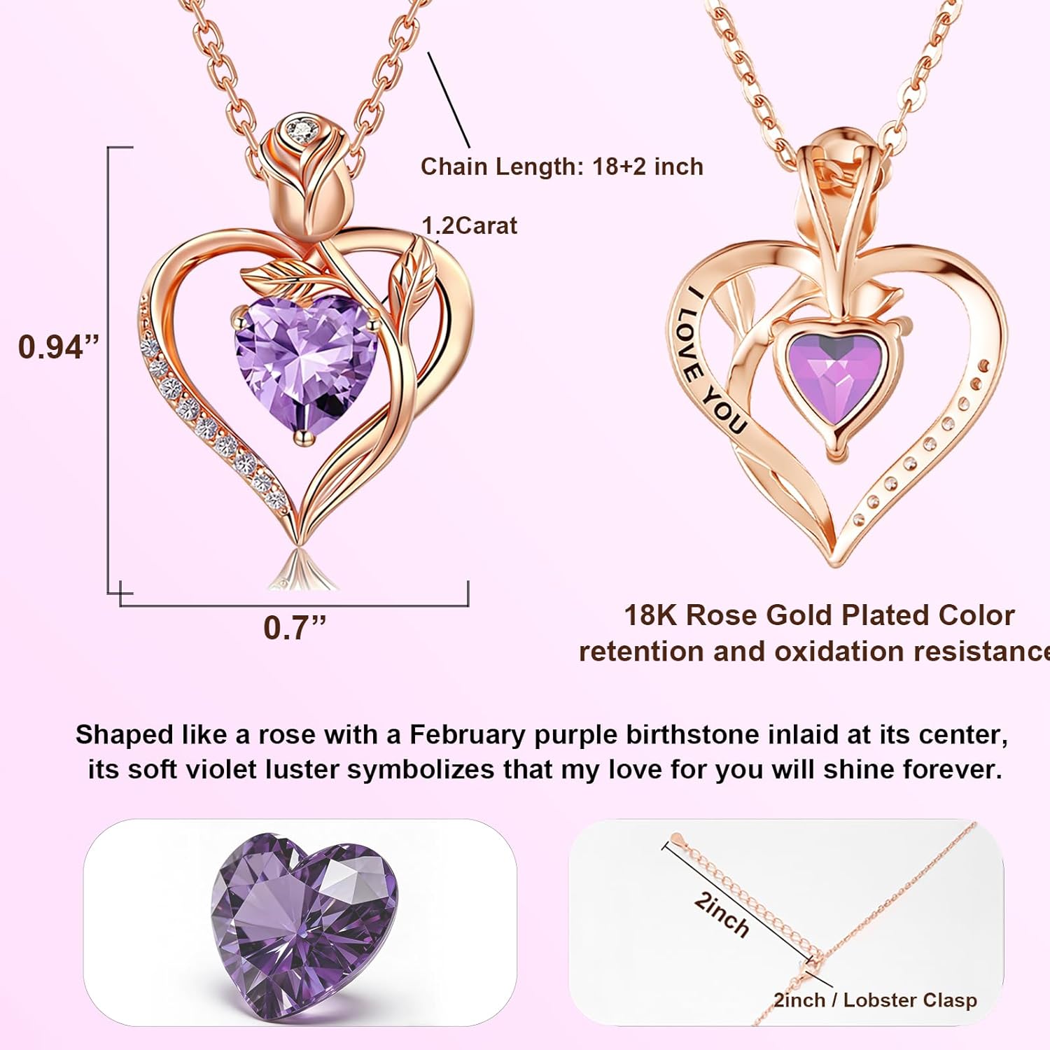 1.2CT Rose Heart Necklace Option of Moissanite or Lab-Grown Sapphire Ruby Emerald&More Necklace for Women Birthstone Girlfriend Necklace S925 Sterling Silver 18K White/Rose Gold Plated D Color VVS1 Gift for Wife Mother Daughter for Birthday Anniversary Valentine's Day Engraved 'I LOVE YOU' - Image 2