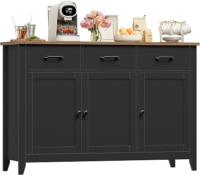 HOCSOK Sideboard, 120cm Wide Kitchen Cabinets with 3 Doors, 3 Drawers & 1 Adjustable Shelf, Modern Sideboard for Living Room, Kitchen, Dining Room, Black