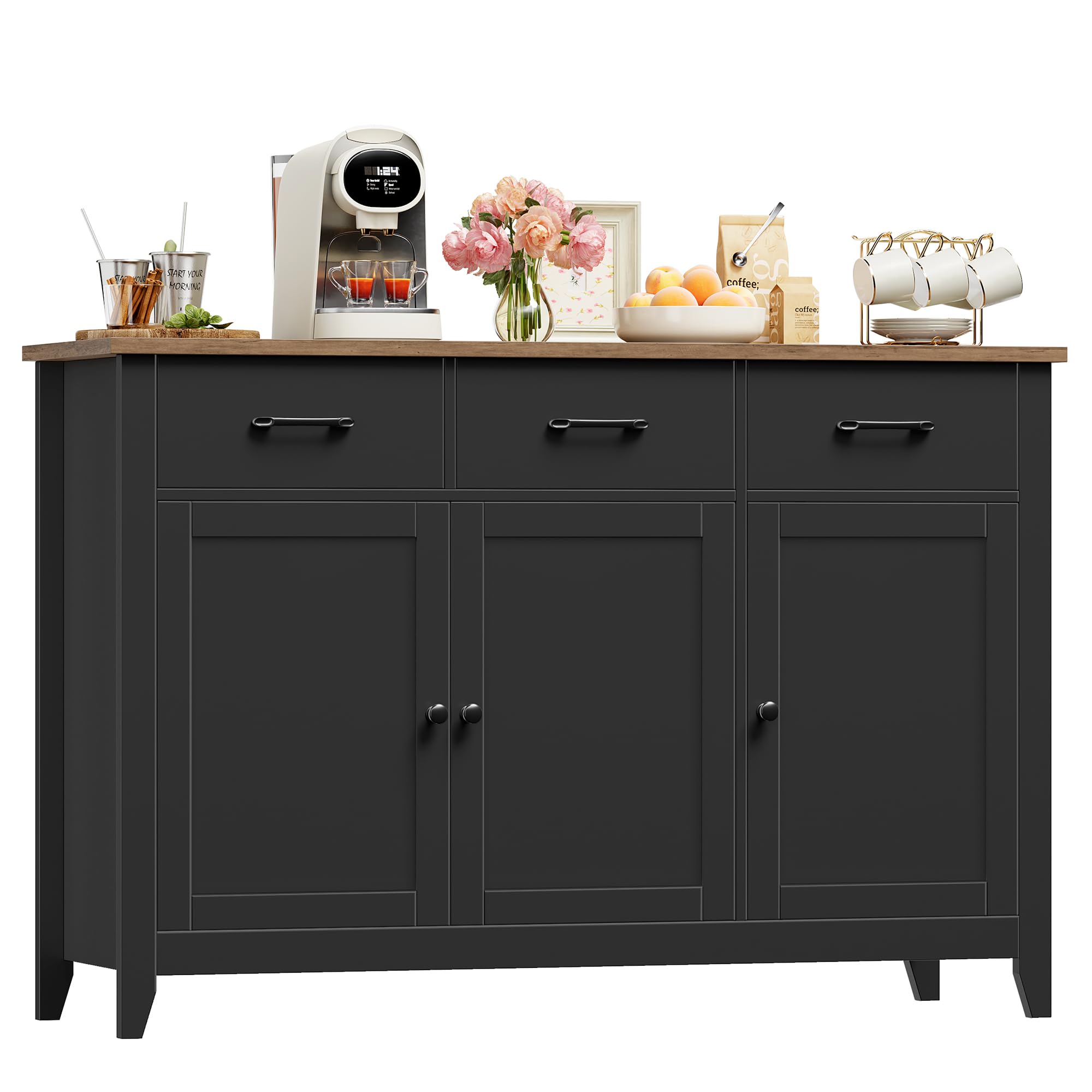 HOCSOK Sideboard, Küchenschrank mit Arbeitsplatte, Küchenbuffet Buffetschrank mit 3 Schubladen, 3 Türen, 1 Festes und 1 Verstellbares Regal, für Küche, Wohnzimmer, Esszimmer, 120 x 40 x 85cm