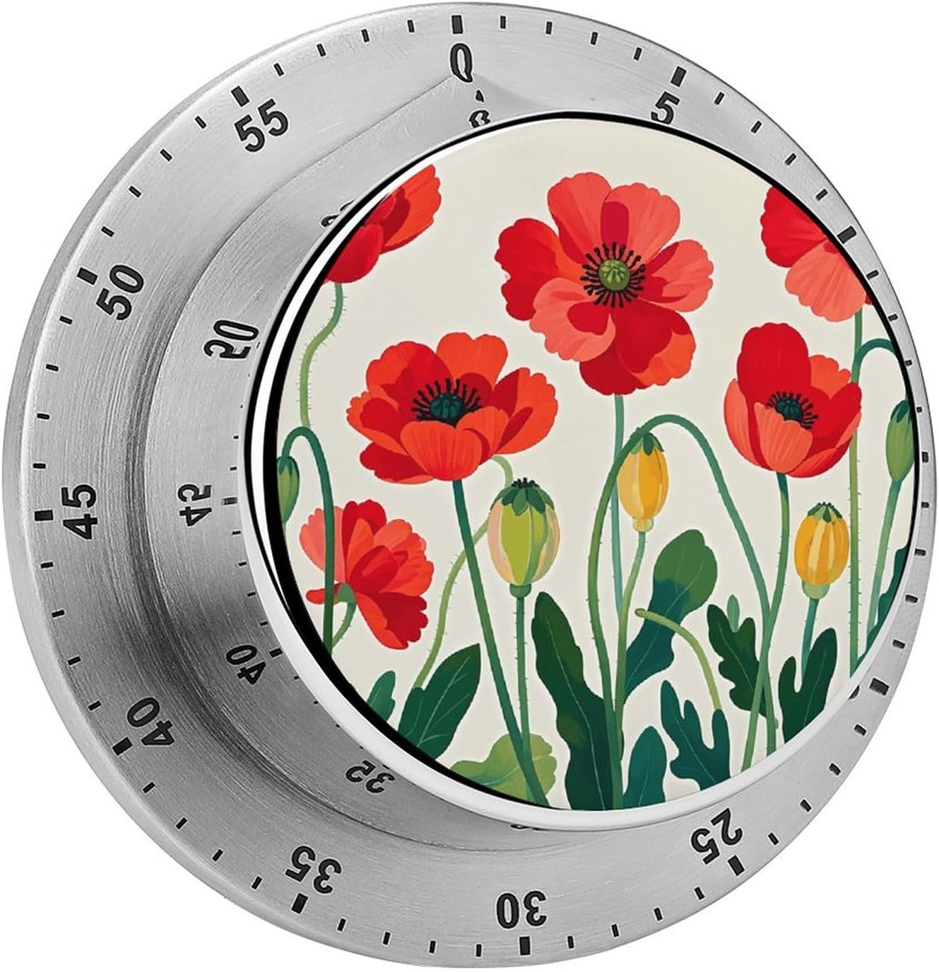 Poppy Flowers Timer Stainless Steel Kitchen Timers Waterproof & Rust-Proof 60 Minute Mechanical Timer with Loud Alarm for Cooking, Baking, Fitness