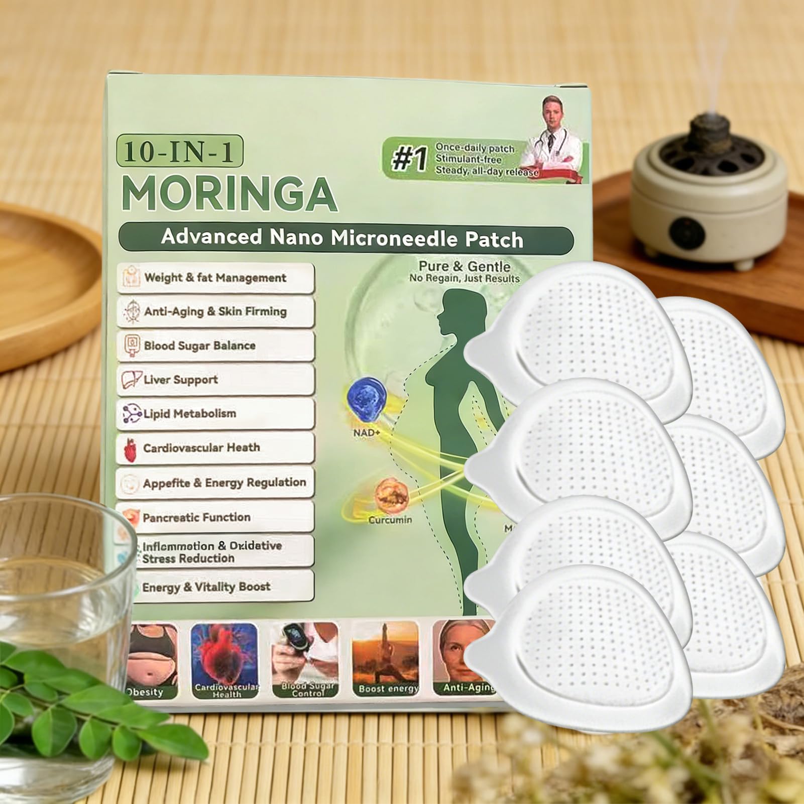 Moringa NAD+ 10 w 1 nano-igłowe plastry z mikroigłami, 7 sztuk plastrów Moringa, Metabalance Patch, nano-igłowe, plastry odchudzające, do wszystkich typów ciała