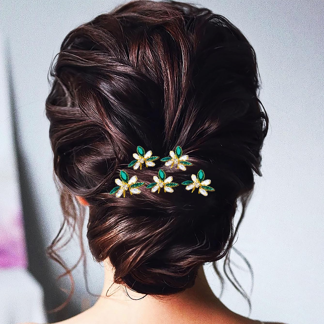 Flayem Novia Boda Horquillas para el cabello Flor de cristal verde Tocados de novia Accesorios para el cabello dorados para dama de honor y niñas (5 piezas) (B)