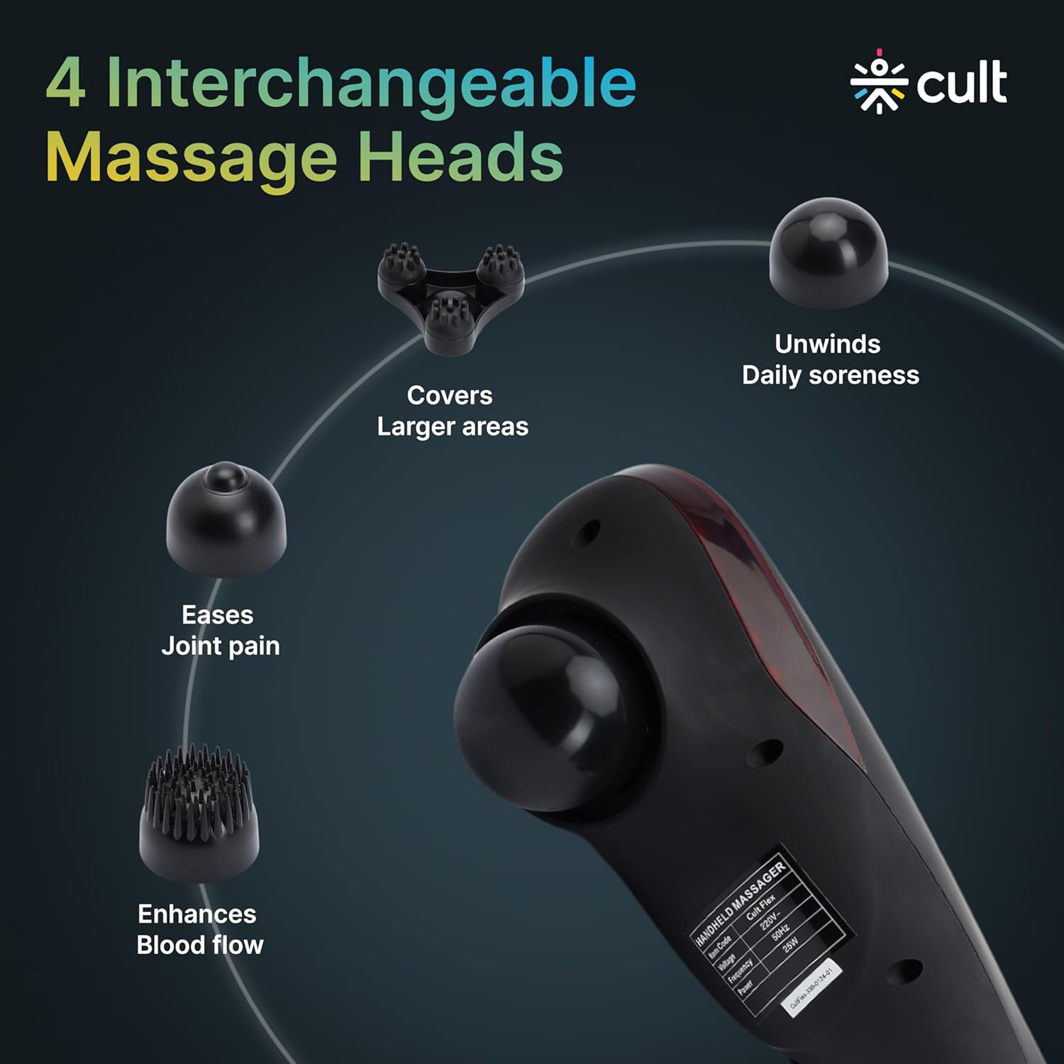 Cult Flex, Corded Electric Handheld Full Body Massager, 4 Interchangeable Heads, Adjustable Speed Settings, Deep Tissue Massage Relieve Back, Leg, Arm & Foot Pain, Black Cult Flex, Corded Electric Handheld Full Body Massager, 4 Interchangeable Heads, Adjustable Speed Settings, Deep Tissue Massage Relieve Back, Leg, Arm & Foot Pain, Black