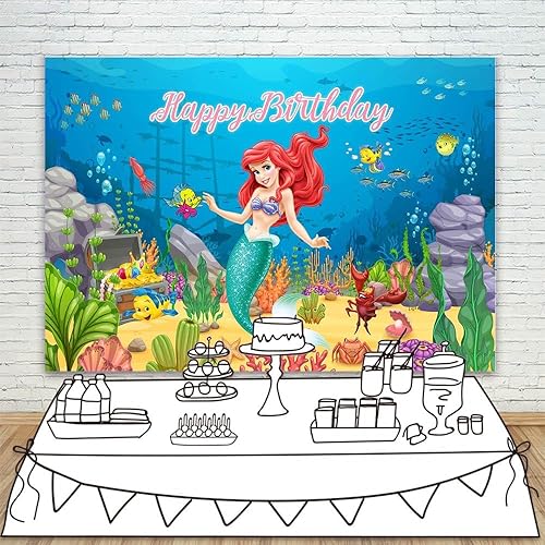 Miniatura 2 de Fondo de vinilo con texto en inglés "Under The Sea Little Sirenita" de 5 x 3 pies, fondo de vinilo blanco de Ariel de sirena para niñas, suministros