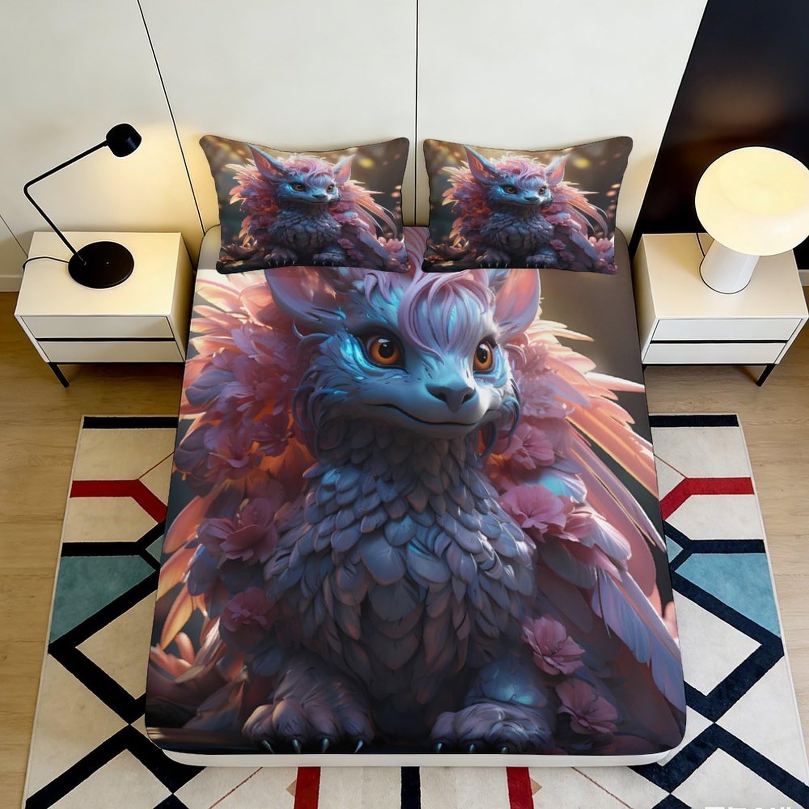 3D Printed Purple Dragon Fitted Sheet Microfiber Soft Fantasy Creature Mattress Cover for Bedroom Dorm Decor 90x200x25cm