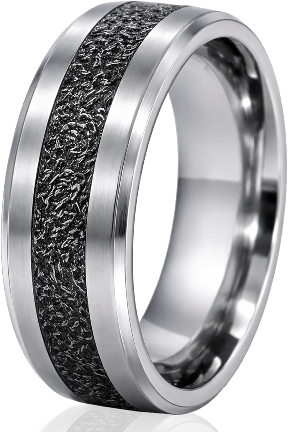 The Jewelry Source 8mm Titanium Men’s Wedding Band – WW2 Sherman Tank Steel Inlay – Beveled Comfort Fit Ring with Brushed Finish