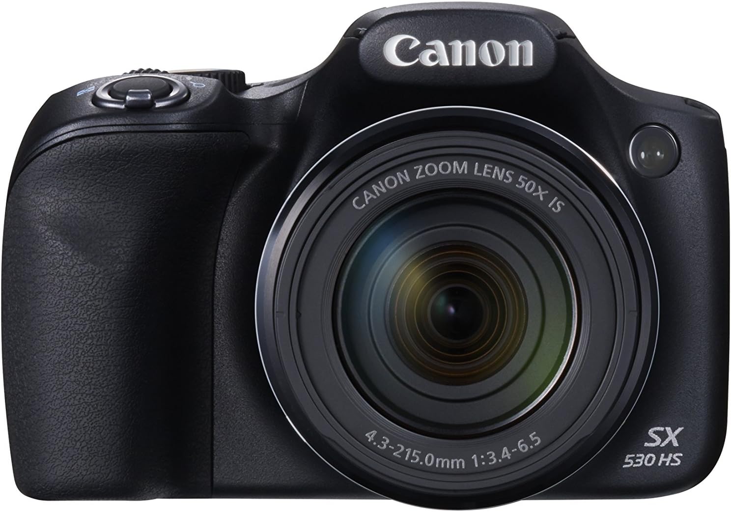 Front view of the Canon PowerShot SX530 HS with the built-in flash popped up