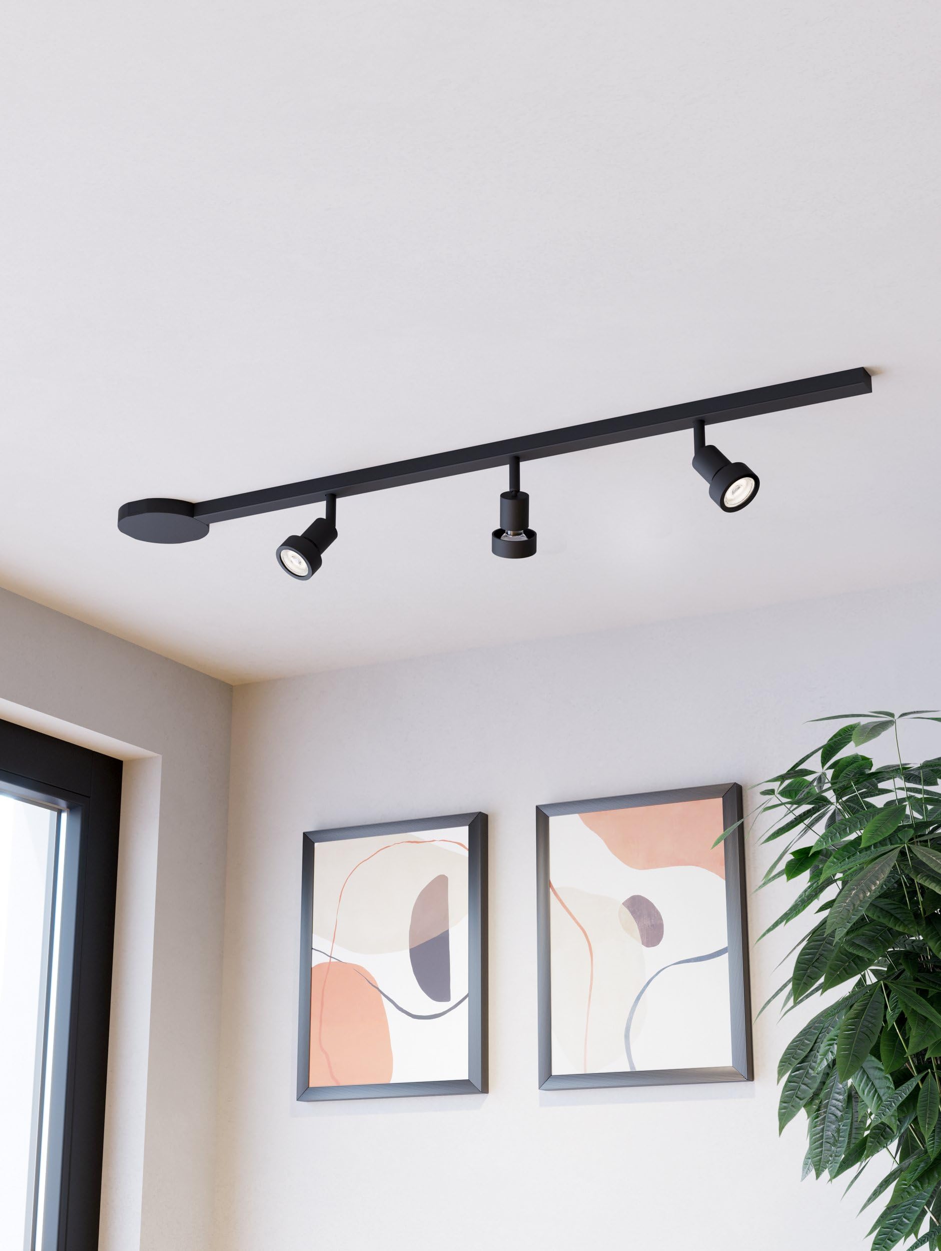 Eglo Sistema di binari ad alto voltaggio Easy Track, set espandibile con 3 faretti da soffitto, binario in alluminio e plastica nera, lampade con attacco GU10, 102 cm