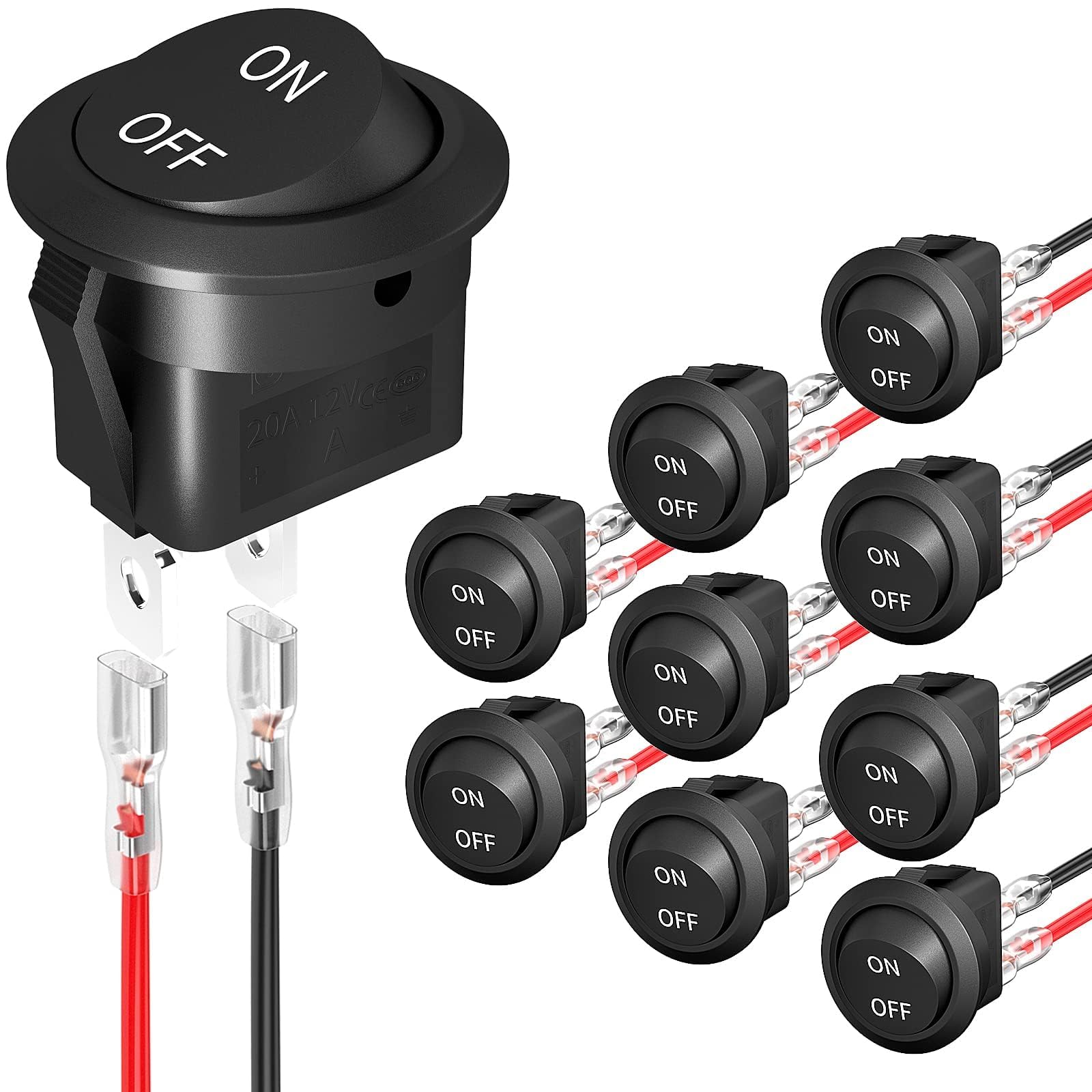 Khazna On Off Switch 20 Pcs, 12 V Round Rocker Switch, 12 Volt DC Circle Toggle Switch, Mini Rocker Switch with Wires for Automotive, Car, Truck, Boat, Household Appliances