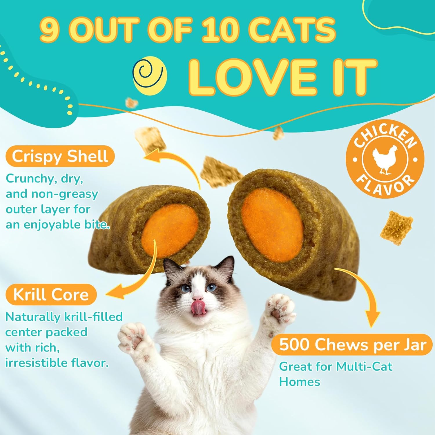 Woyamay Cat Allergy Relief for Cats with Probiotics, 500 Crunchy Cat Probiotic & Allergy Chews, Cat Allergy Treats to Stop Itching & Scratching, Probiotics for Cats Support Gut Health, Chicken Flavor