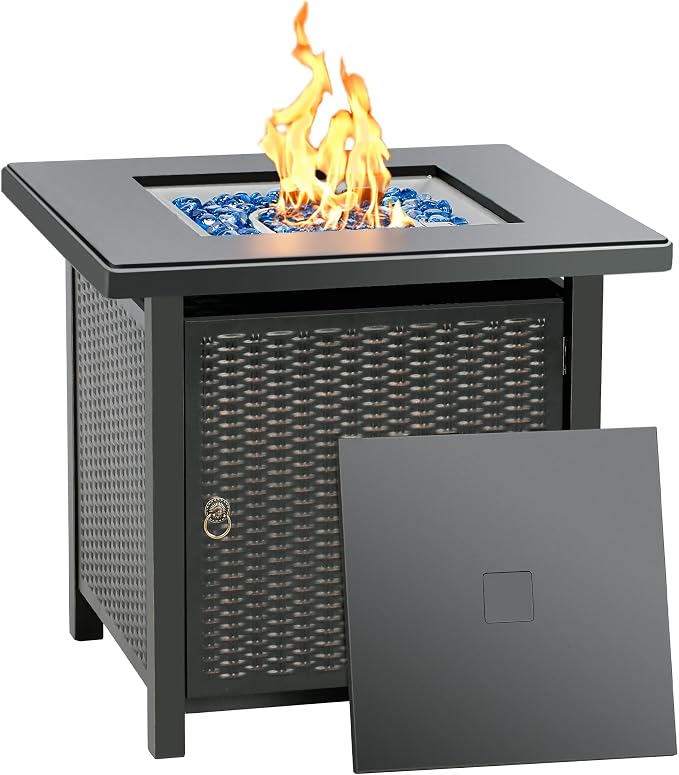 BALI OUTDOORS 28 Inch Propane Fire Pit Table, Rattan & Wicker-Look 50,000 BTU Gas Firepits with Blue Fire Glass for Outside Patio and Garden