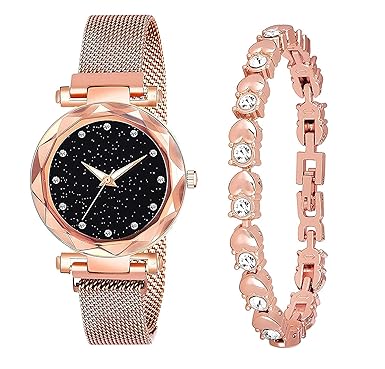 UPSTYLE HUBS Metal Strap Magnet Watch & Diamond Bracelet for Women & Girls