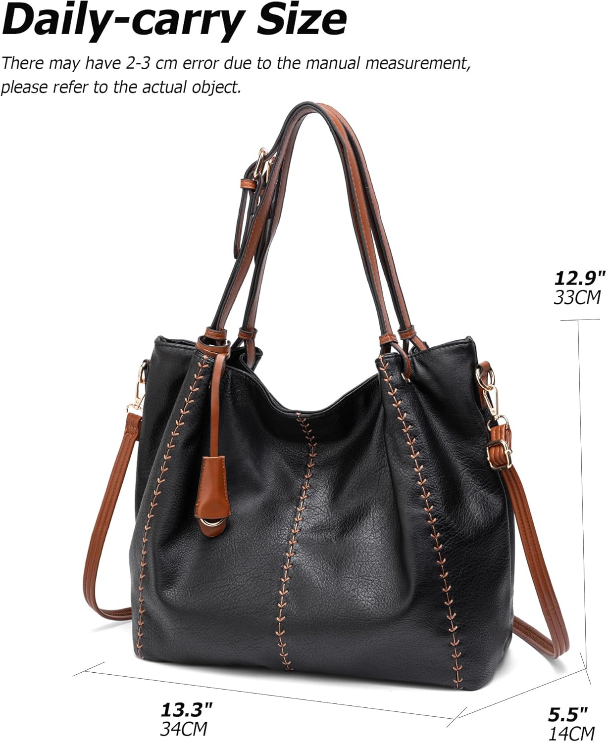 myfriday Vintage Hobo Shoulder Bag for Women Soft Leather Bucket Tote Bag Fashionable Structured Purse with Rivet Detail - Image 3