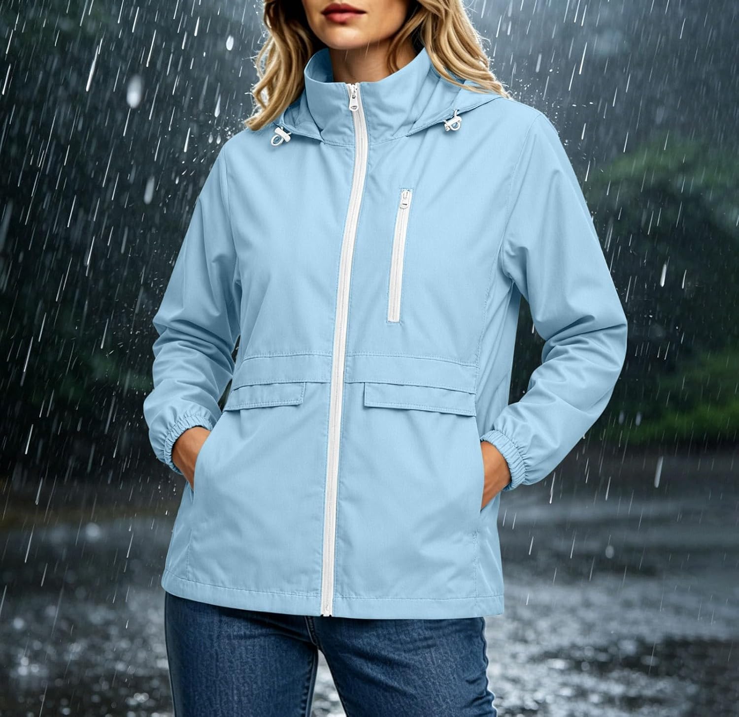Technical Jacket for Women Hooded Zip Up Waterproof Windbreaker | Women's Lightweight Softshell Coat with Raglan Sleeve, Zip Pockets, Elastic Cuffs for Hiking Travel Outdoor Fall