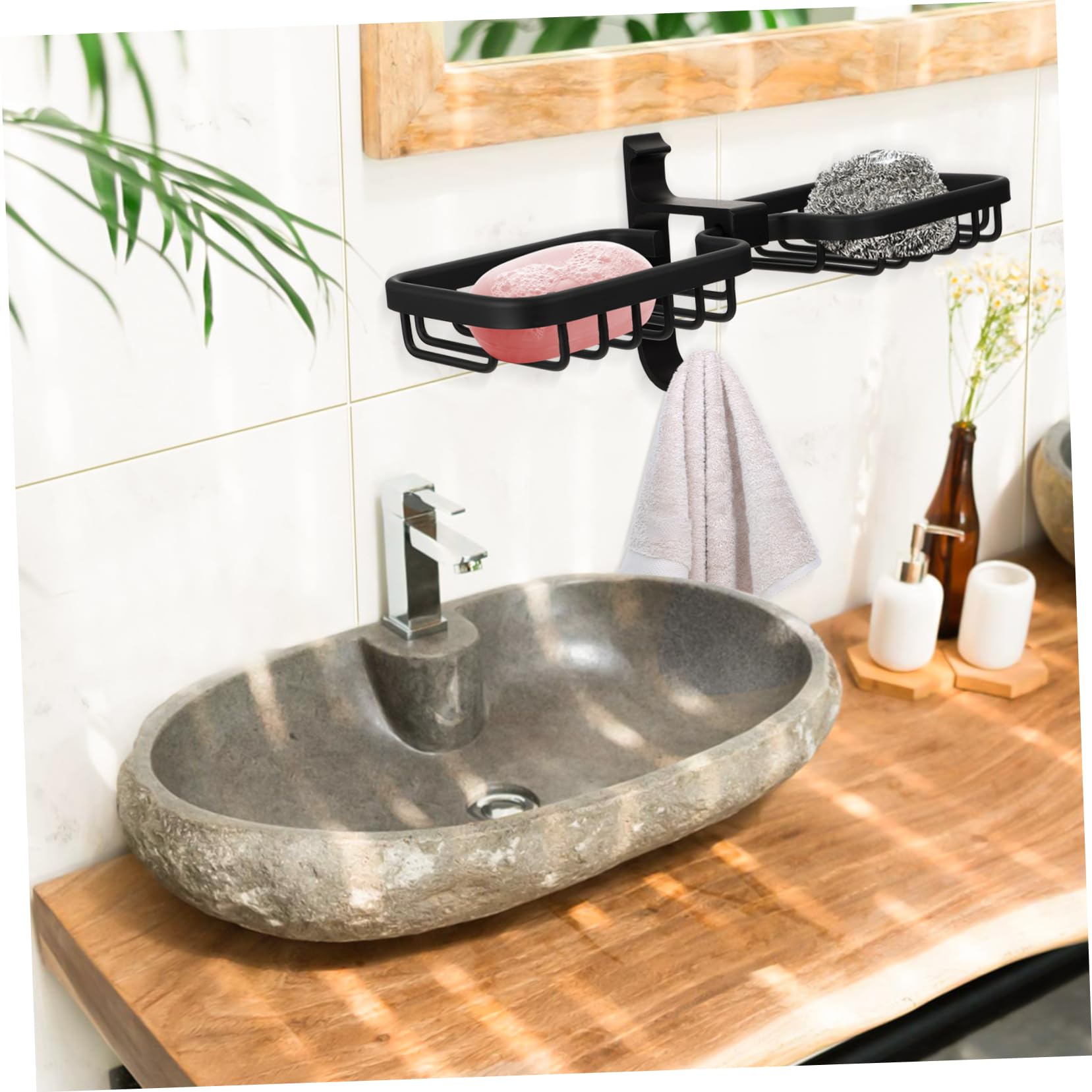 Jabonera de Pared de Aluminio Espacial Negra, Doble | Desmontable, Adhesivo sin Clavos, Gran Capacidad de Carga, para Baño y Cocina
