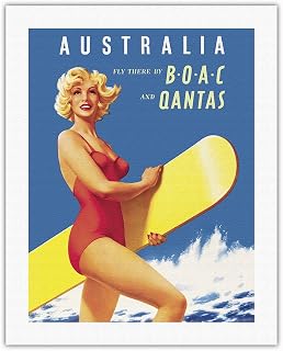 Australia - Fly there by BOAC (British Overseas Airways Corporation) and Qantas - Vintage Airline Travel Poster c.1950s - Fine Art Rolled Canvas Print 20in x 26in