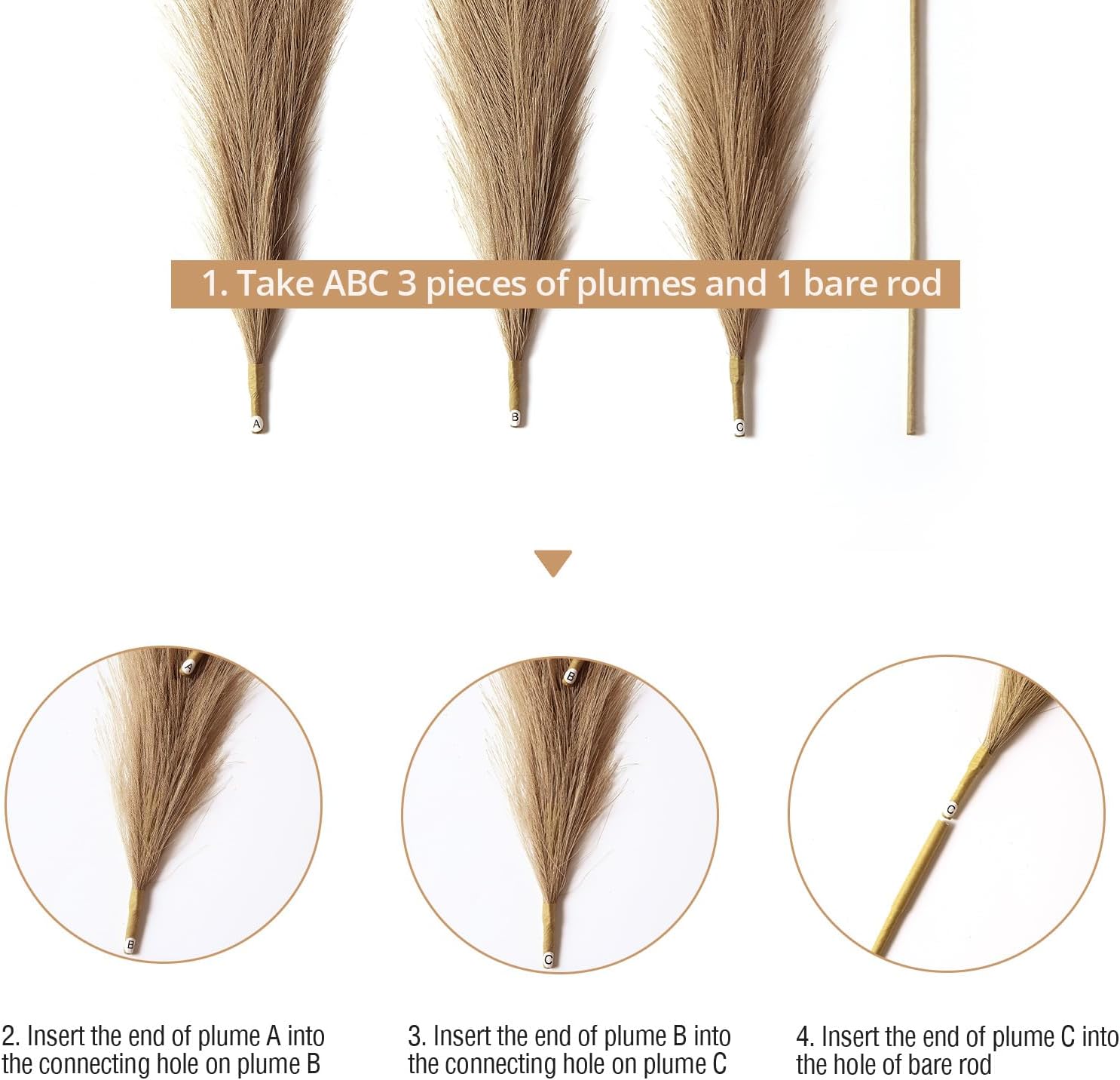 44" Dried Pampas Grass Decor, 4 Pcs Tall Pompas Floral Dry Flowers for Decoration, Artificial Pampas Grass Home Decor for Boho Wedding, Brown