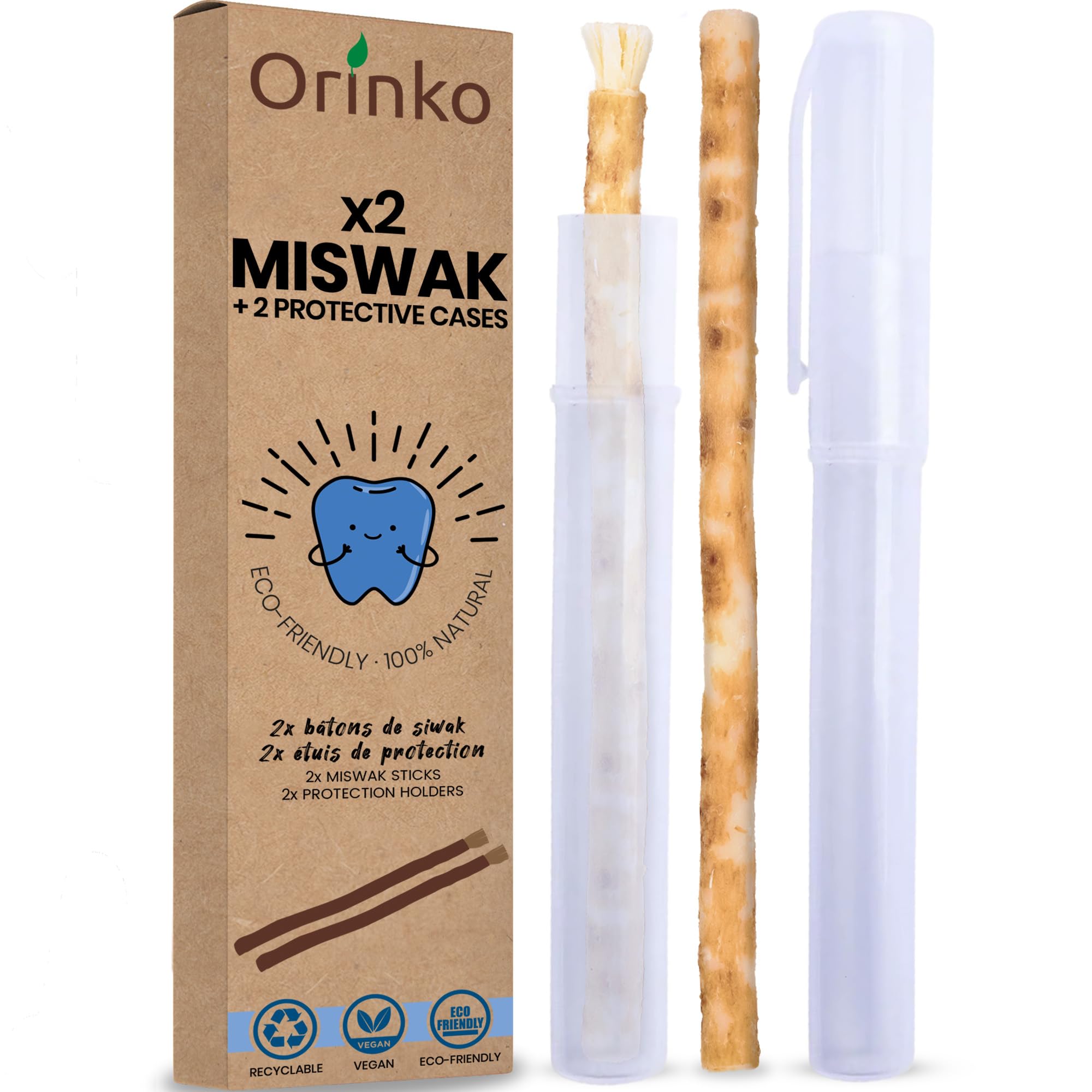 ORINKO® Miswak Siwak Zahnbürste x2 mit Etui x2 - Natürliche Zahnpflege mit Miswak-Stick - Bio Zahnholz für gesunde Zähne