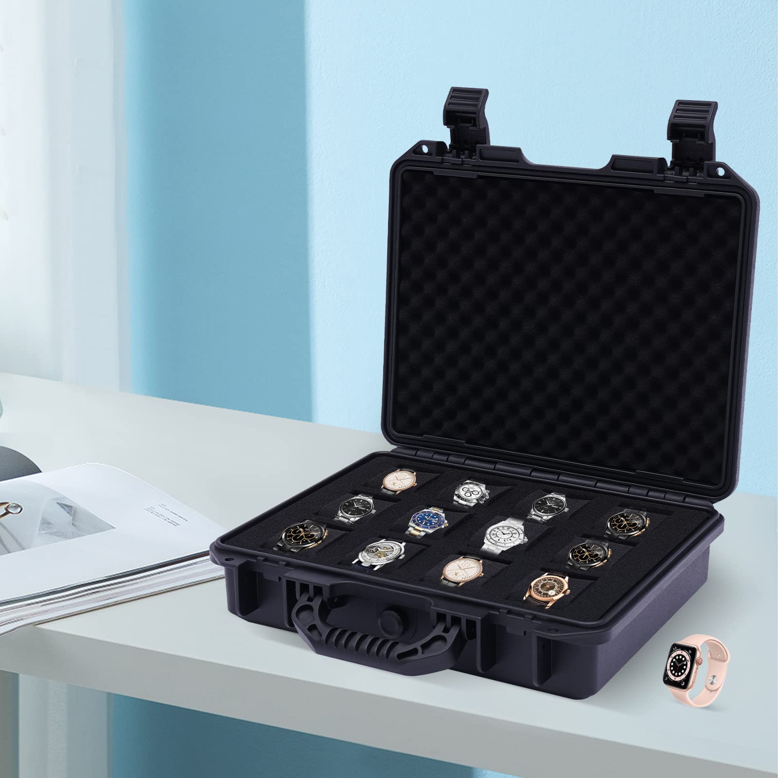 CHUOZI Watch Storage Box Suitcase Case Display, Jewelry Holder Organizer (Black，12-Slot Box)