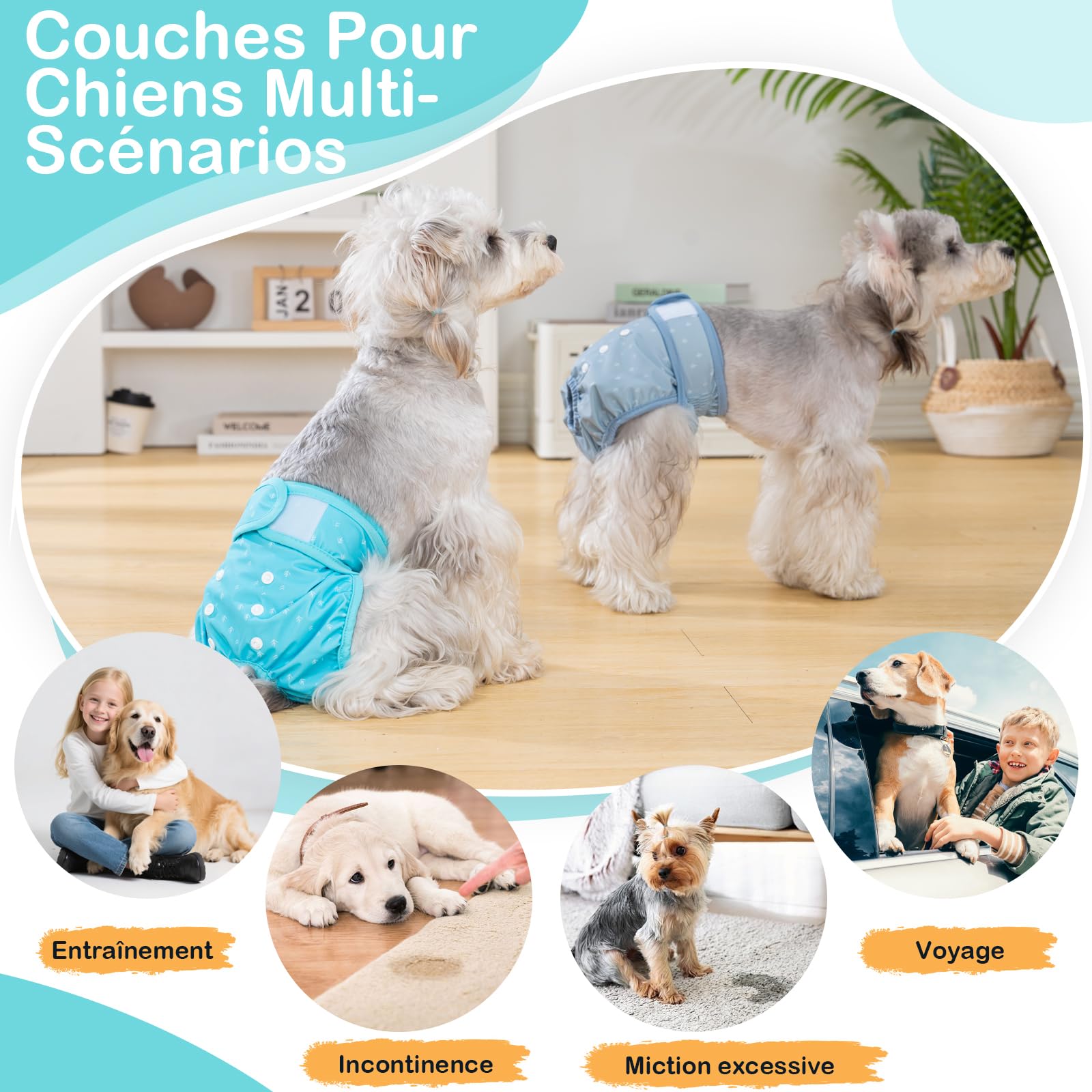 Culotte Chiennes Chaleurs XL Réutilisables, Couche pour Chien Femelle Lavables Lot de 3, Absorbantes avec Fermeture Forte